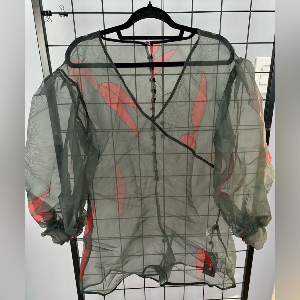 SHEIN X Sheer Dark Green Puff Sleeve Romper NWT